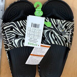 NWT CROCS Zeba Stripe Animal Print Slide Shoe Sandals Womens 10 Black Beige